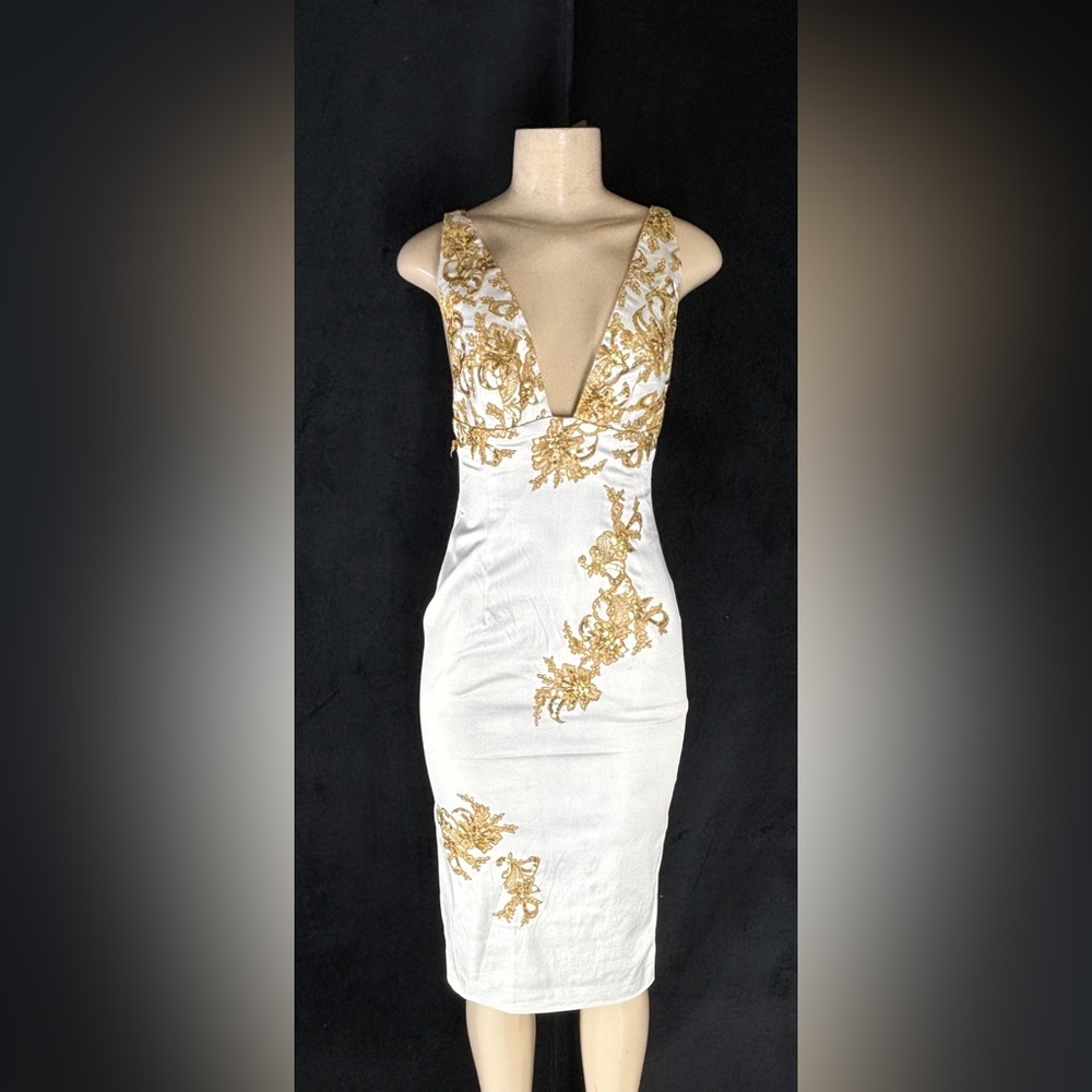 Deep V White Midi Dress with Gold Embroidered Accents